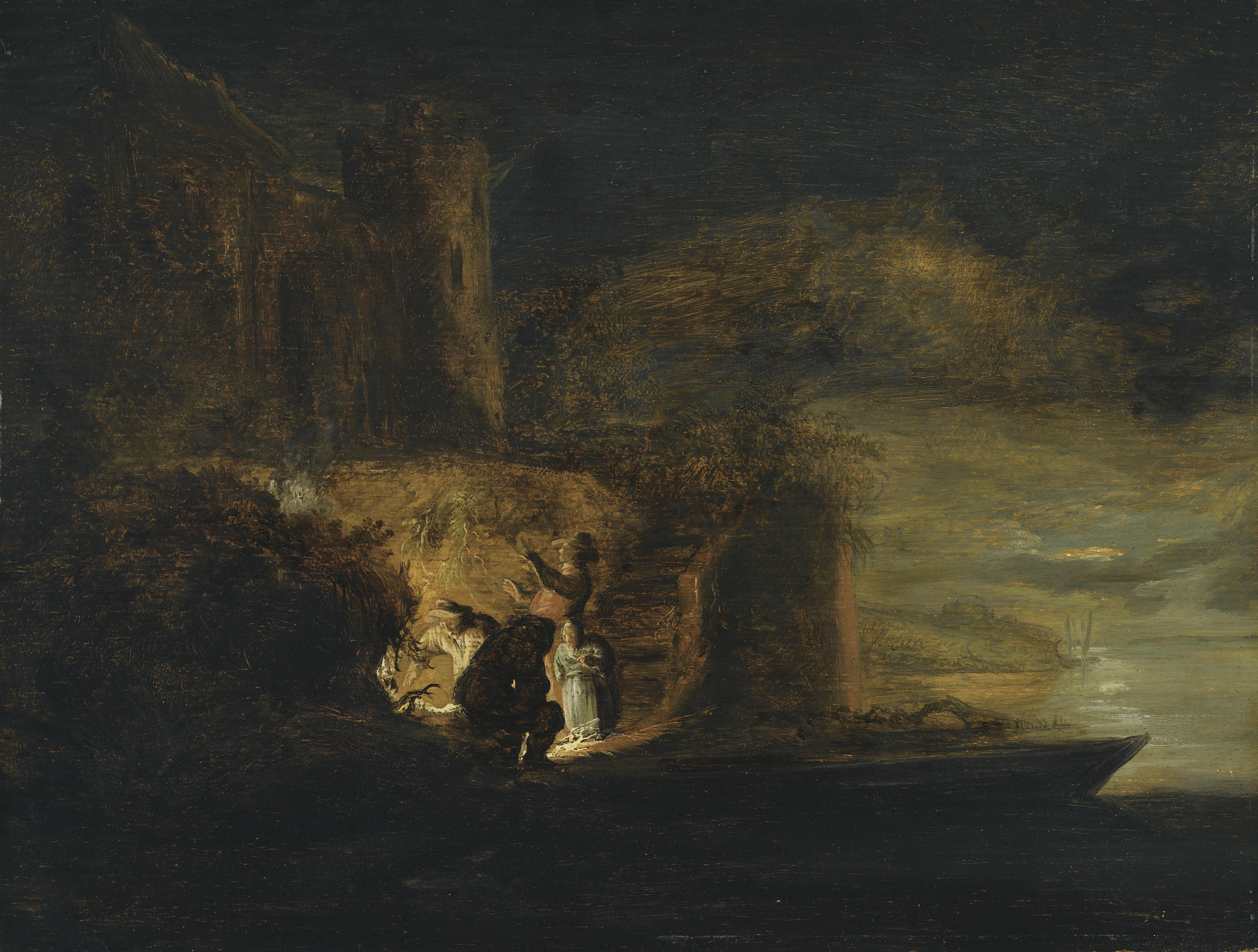 Cornelis Symonsz. Van Der Schalcke - Figures Around A Fire On A River Bank Beneath A City Fortification At Night