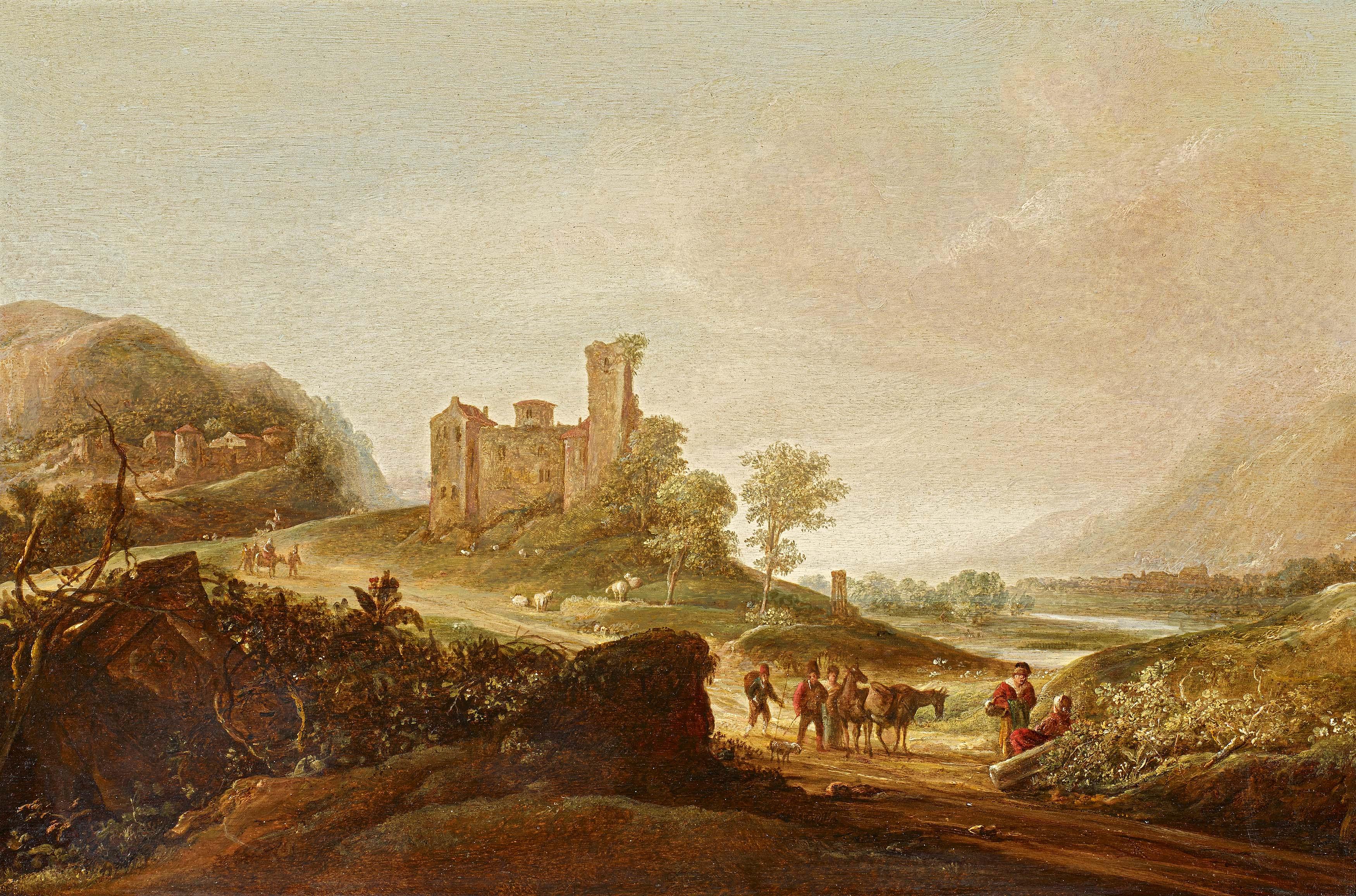 Cornelis Symonsz. van der Schalcke - Italianisiernde Landschaft mit Reisenden vor einer alten Burganlage