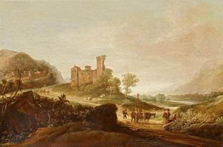 Cornelis Symonsz. van der Schalcke - Italianisiernde Landschaft mit Reisenden vor einer alten Burganlage
