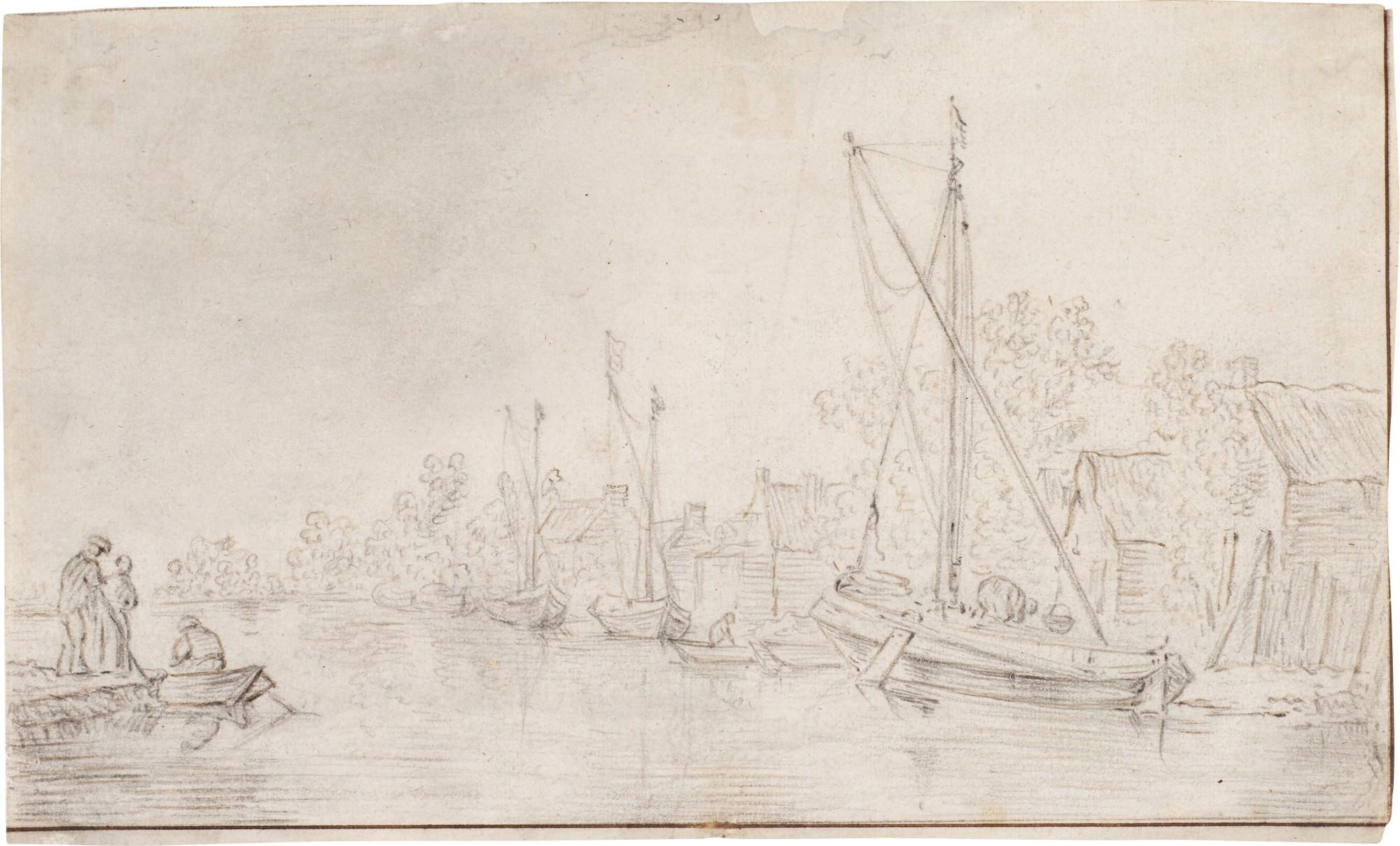 Cornelis Symonsz. Van Der Schalcke - River landscape with boats moored by huts