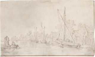 Cornelis Symonsz. Van Der Schalcke - River landscape with boats moored by huts