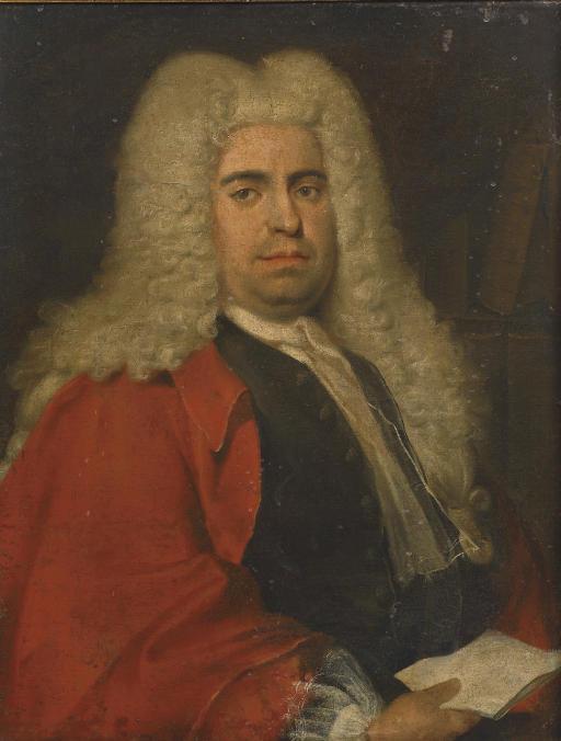 Cornelis Troost - Portrait of a gentleman, half-length, in a red coat over a grey waistcoat and white jabot, holding a letter