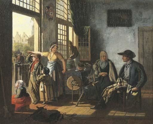 Cornelis Van Cuylenburgh - A woman and her children in an interior by an open door, an old couple by a spinning wheel seated nearby, townsfolk beyond