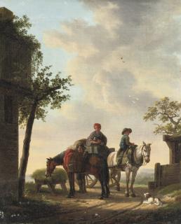 Cornelis Van Cuylenburgh - Travellers and their horses halting near a well