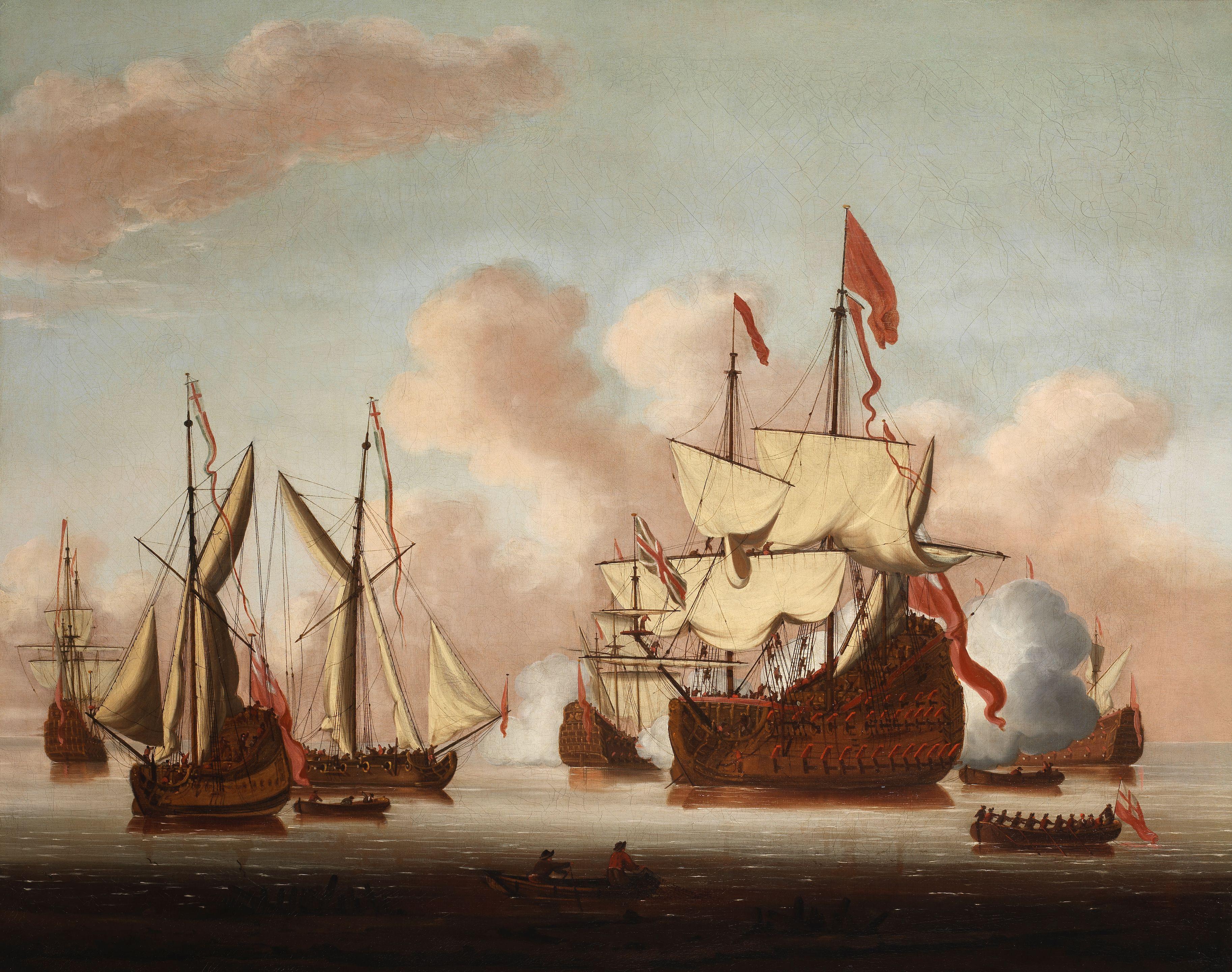 Cornelis van de Velde - A ship of the line of the Red Squadron firing a salute among various yachts