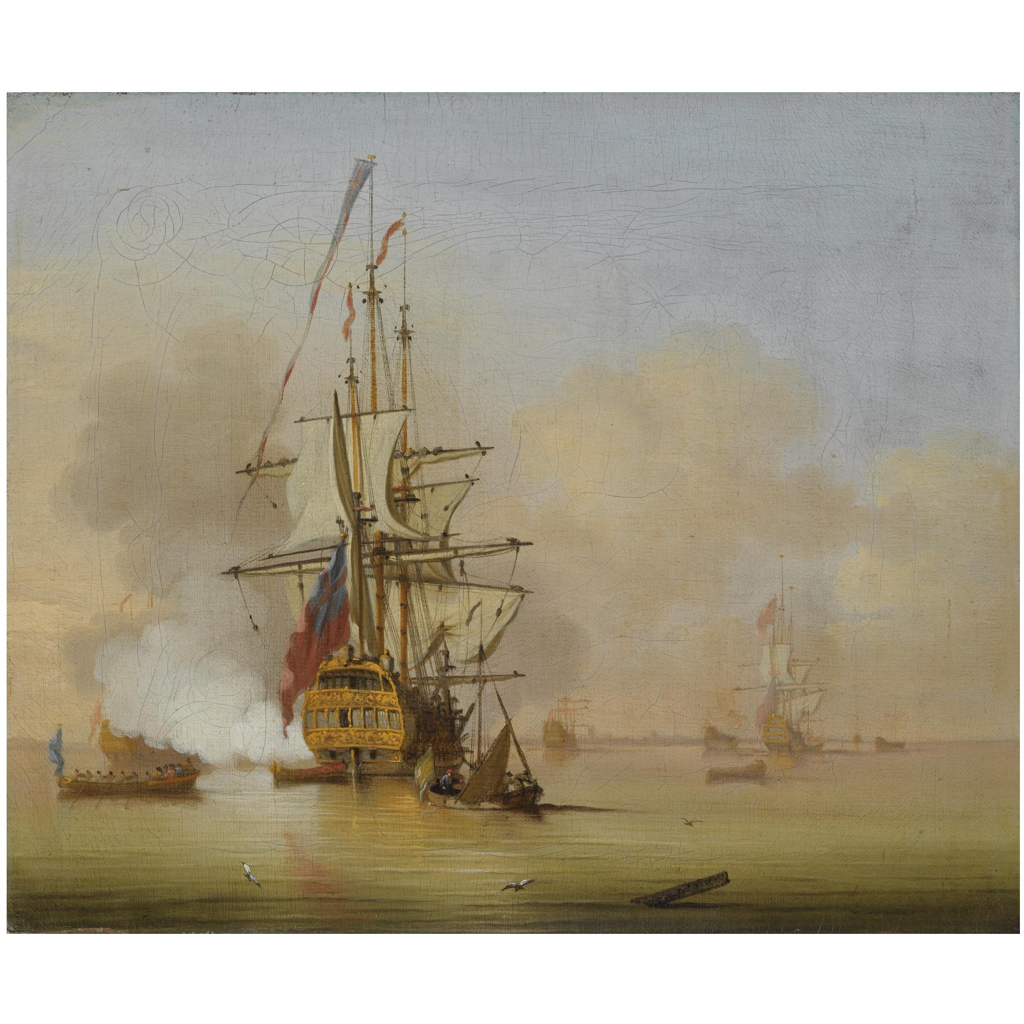 Cornelis van de Velde - A Small English Man-O\' War Firing A Salute With Small Boats Nearby