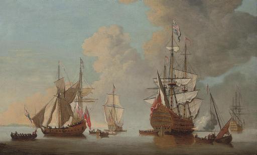 Cornelis van de Velde - The flagship Royal Sovereign firing a salute at the Nore with other warships and Admiralty yachts in attendance
