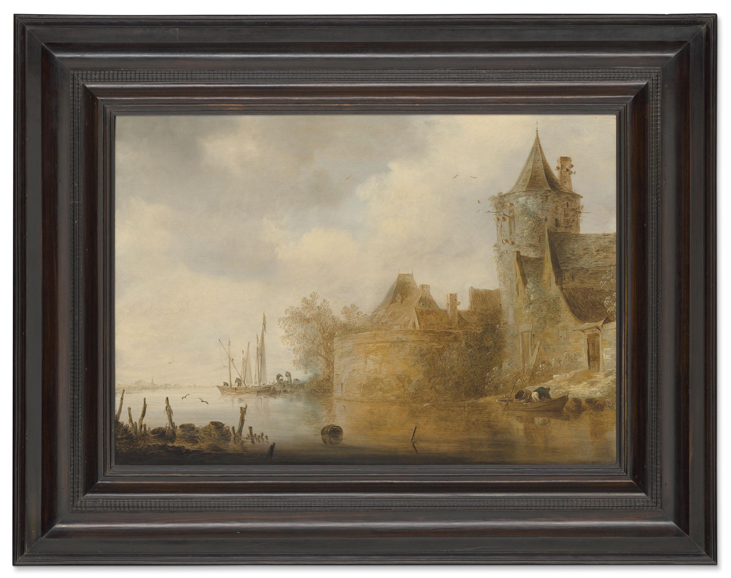 Cornelis Van Der Schalcke - River landscape with a tower and village buildings behind a wall