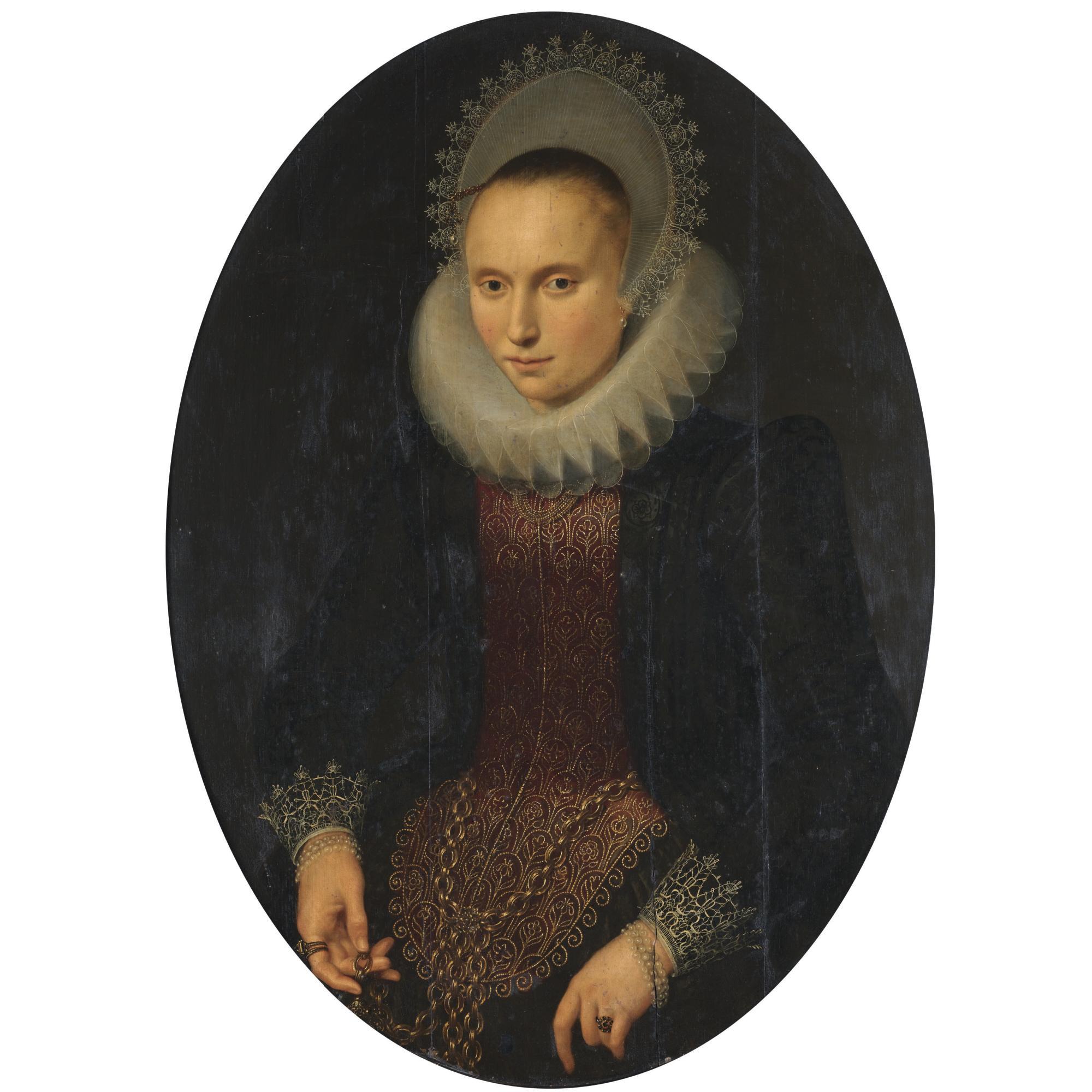 Cornelis van der Voort - Portrait Of A Lady, Half-Length, Wearing A Red And Black Richly Embroidered Jacket, A White Ruff And A White Headdress