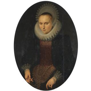 Cornelis van der Voort - Portrait Of A Lady, Half-Length, Wearing A Red And Black Richly Embroidered Jacket, A White Ruff And A White Headdress