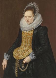 Cornelis Van Der Voort - Portrait of a lady, three-quarter-length, in a black vlieger brocade gown, with an elongated embroidered stomacher and embroidered mill ruff, holding a chain