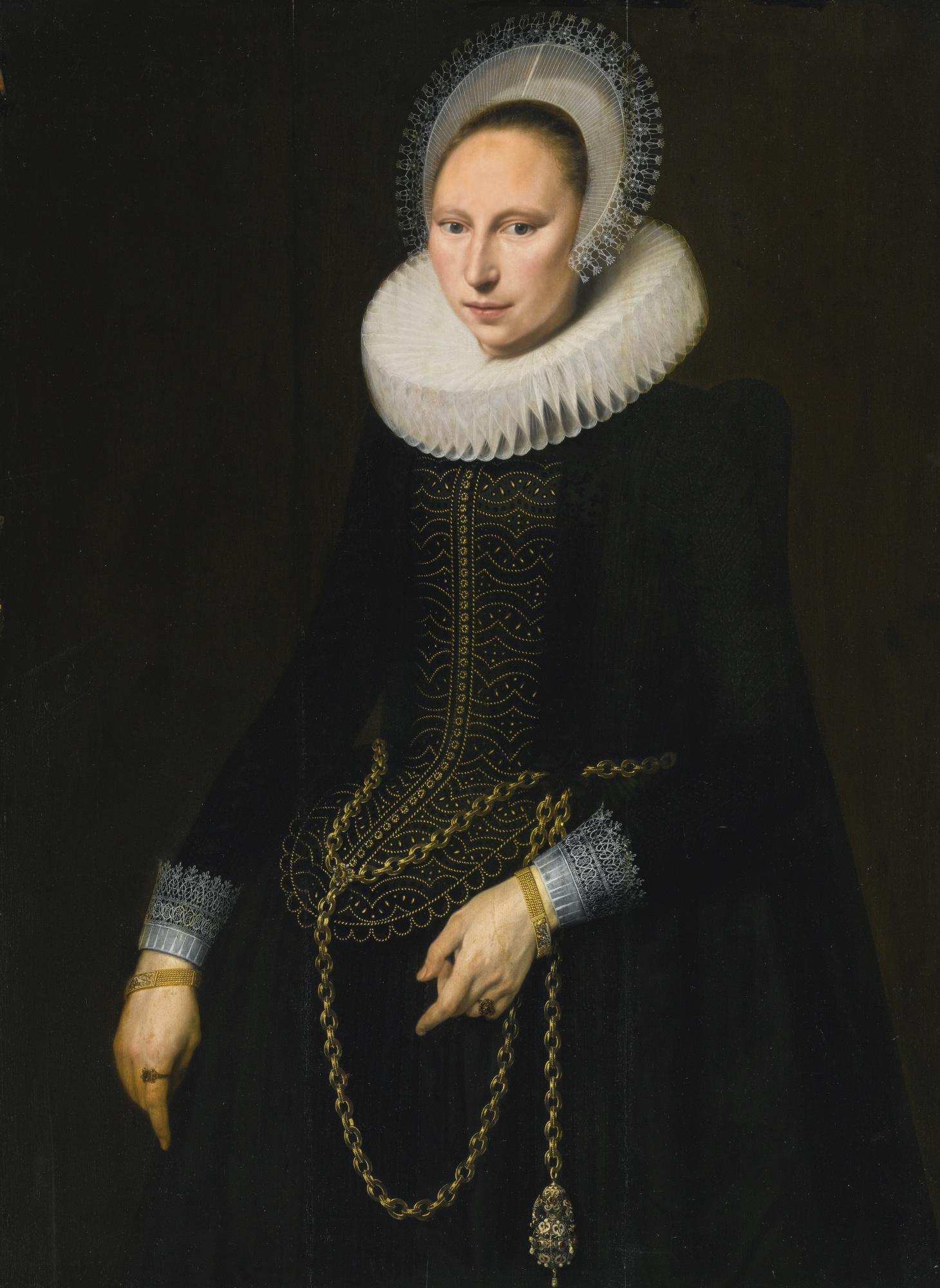Cornelis Van Der Voort - Portrait Of A Woman, Three Quarter Length, Wearing An Elaborate Lace Ruff, Cap And Cuffs