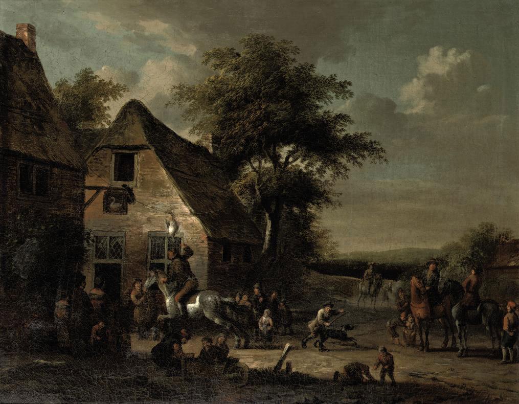 Cornelis van Essen - A town view with figures conversing and playing the game of \'gaasgouwe\'
