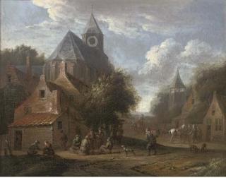 Cornelis Van Essen - A Village With Boors Smoking Outside A Church