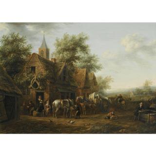 Cornelis van Essen - Travellers Resting Outside An Inn, A Boy Tending The Carthorses