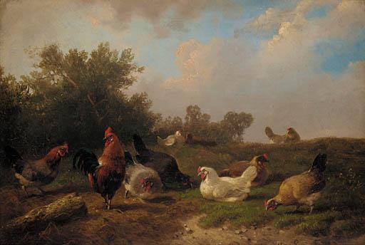 Cornelis Van Leemputten - A cockerell and hens feeding by a tree-stump