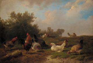 Cornelis Van Leemputten - A cockerell and hens feeding by a tree-stump