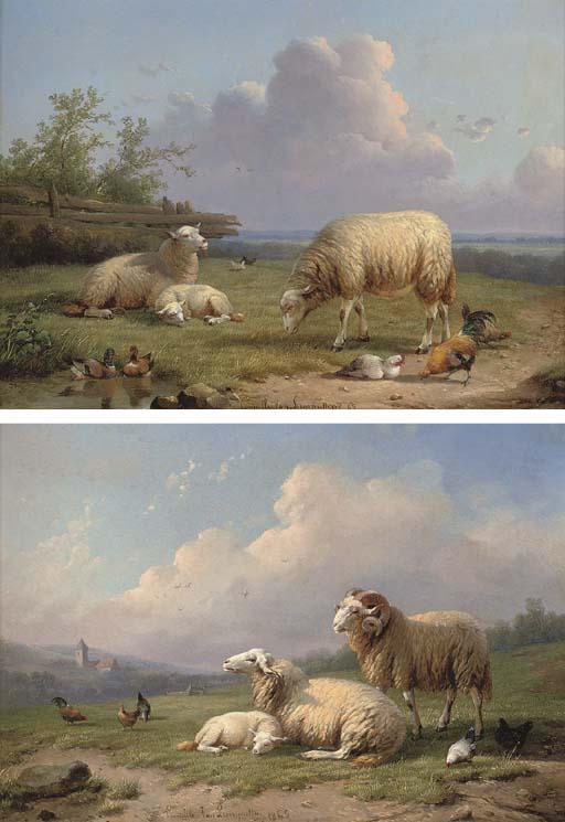 Cornelis van Leemputten - A ram, sheep and poultry in a landscape; and Sheep, ducks and poultry in a landscape.