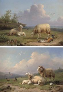 Cornelis van Leemputten - A ram, sheep and poultry in a landscape; and Sheep, ducks and poultry in a landscape.