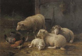 Cornelis Van Leemputten - Intérieur d\'étable avec moutons