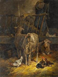 Cornelis van Leemputten - Schafe und Federvieh im Stall