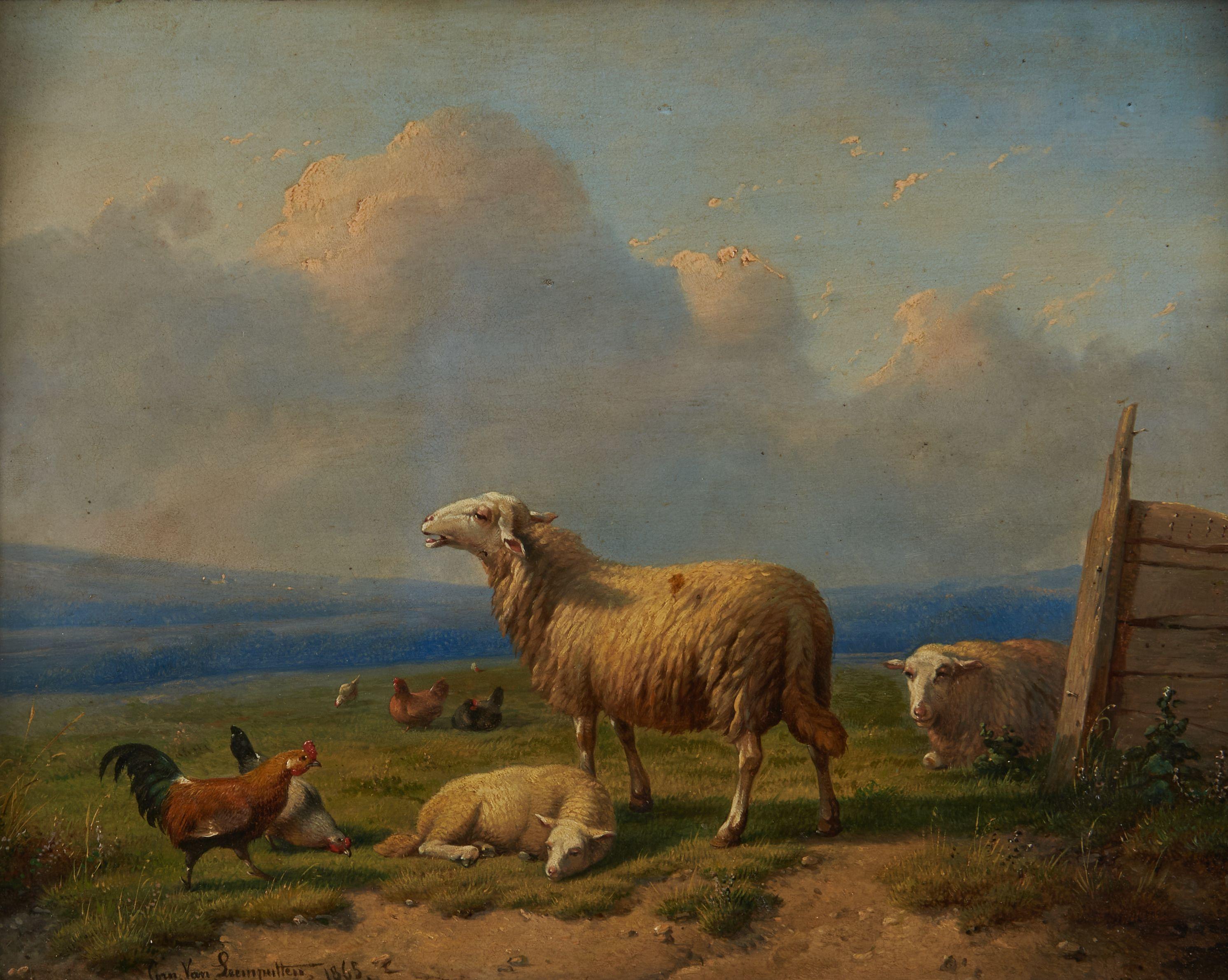 Cornelis Van Leemputten - Sheep and Chickens in a Summer Pasture 10 1/4 x 13 3/8 in. (26.0 x 34.0 cm) in a period frame (under glass) 16 3/4 x 19 3/4 x 3 1/4 in.