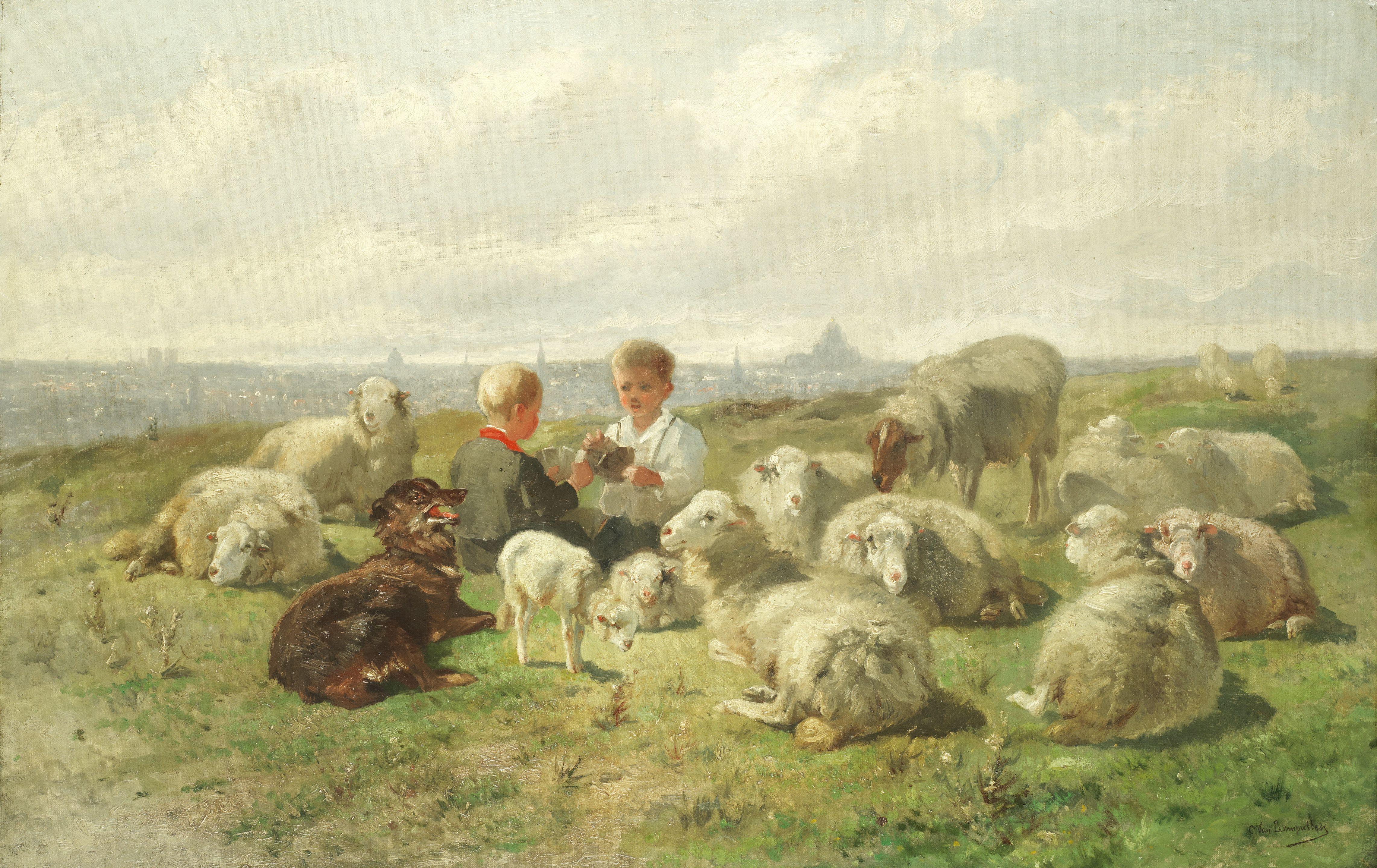 Cornelis Van Leemputten - Two Boys Playing Cards On A Hill With Sheep, Paris In The Distance
