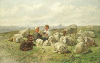 Cornelis Van Leemputten - Two Boys Playing Cards On A Hill With Sheep, Paris In The Distance
