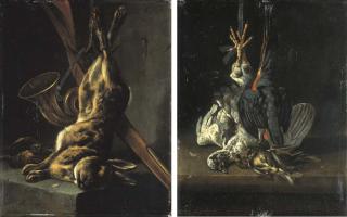 Cornelis Van Lelienbergh - A hunting still life with a hare, a gun, a horn and a pair of yellowhammers on a stone ladge; and A hunting still life with a pigeon, a kingfisher, a yellowhammer and a bluethroat on a stone ledge