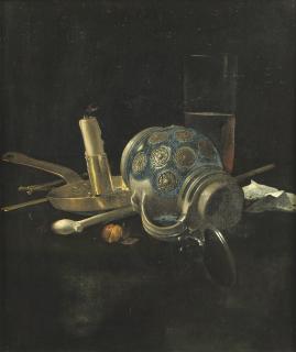 Cornelis Van Lelienbergh - A stoneware jug, a glass of beer, a candlestick and a pipe on a draped table