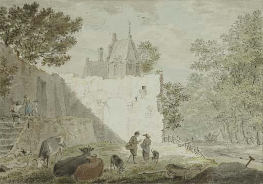 Cornelis Van Noorde - Peasants with cattle among ruins, a road to the right