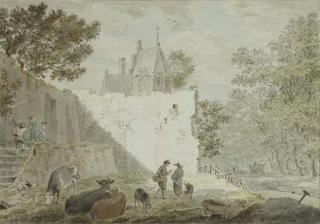 Cornelis Van Noorde - Peasants with cattle among ruins, a road to the right