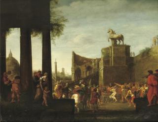 Cornelis Van Poelenburch - A \'capriccio\' view of Rome with the Martyrdom of Saint Lawrence