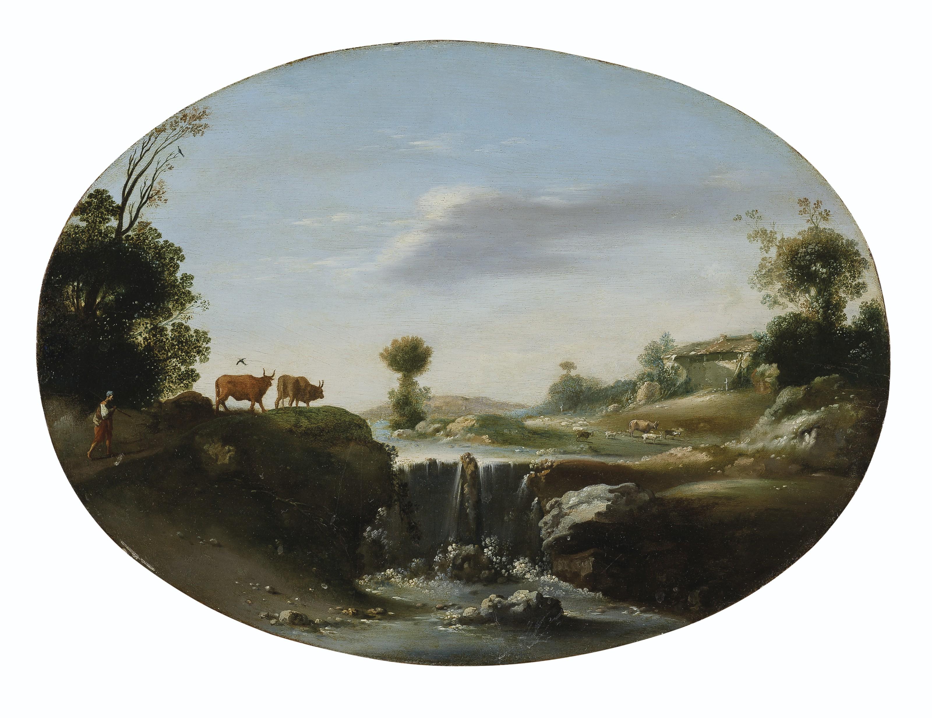Cornelis Van Poelenburch - A landscape with waterfall