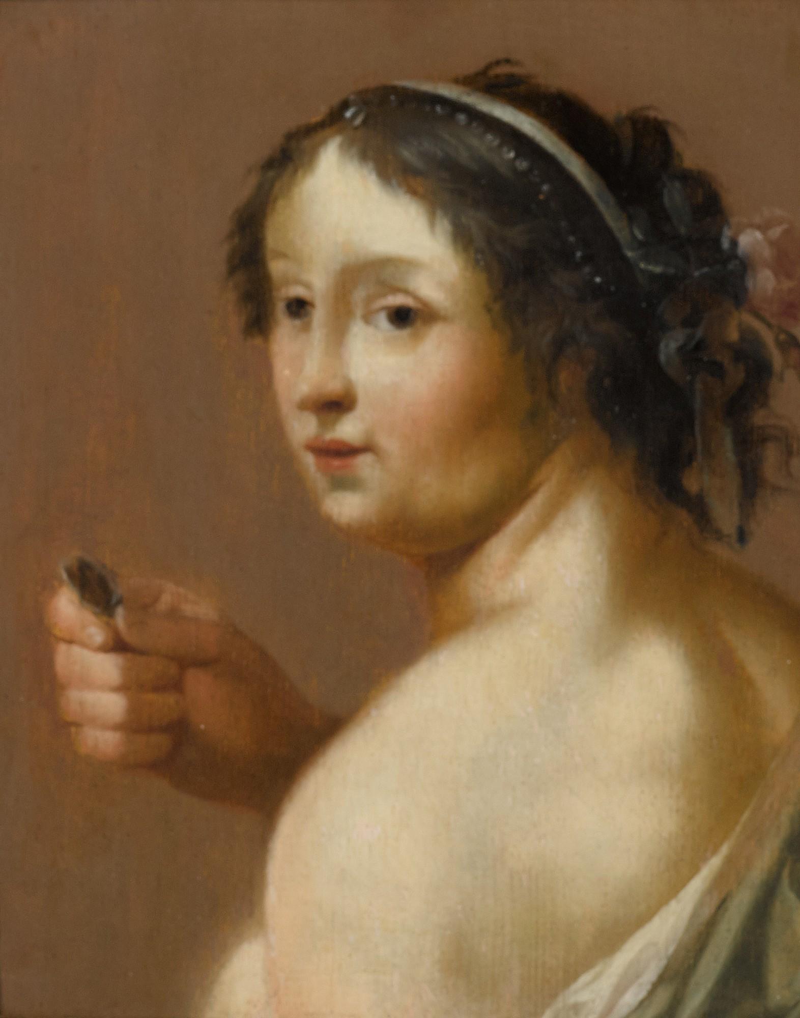 Cornelis Van Poelenburch - A Shepherdess Holding A Coin, Bust-Length, Facing Left