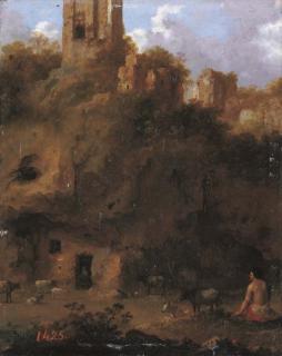 Cornelis Van Poelenburch - An Italianate landscape with a herdsman and cattle by ruins