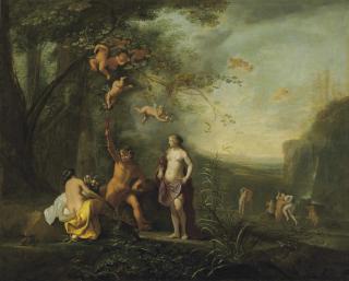 Cornelis van Poelenburch - Bacchus, Venus And Ceres Under A Grapevine In A Pastoral Landscape With Putti, Nymphs And Satyrs