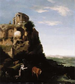 Cornelis Van Poelenburgh - A classical landscape with drovers and cattle at a ford, the Temple of the Sybil at Tivoli on a rise beyond