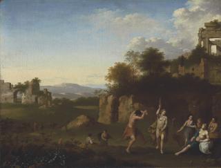 Cornelis van Poelenburgh - An extensive landscape with a Bacchanal, architectural ruins beyond