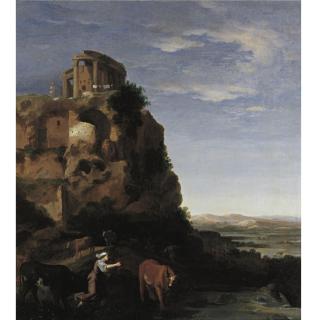 Cornelis van Poelenburgh - An Extensive Landscape With Herdsmen And Cattle Near Ruins, The Temple Of The Sybil On A Rock Beyond