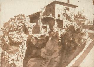 Cornelis van Poelenburgh - An Italian farmhouse on a rocky crag