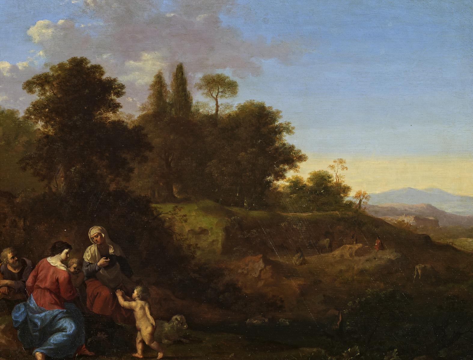 Cornelis van Poelenburgh - Südliche Landschaft mit der Heiligen Famile zusammen mit dem Johannesknaben und der Heiligen Elisabeth