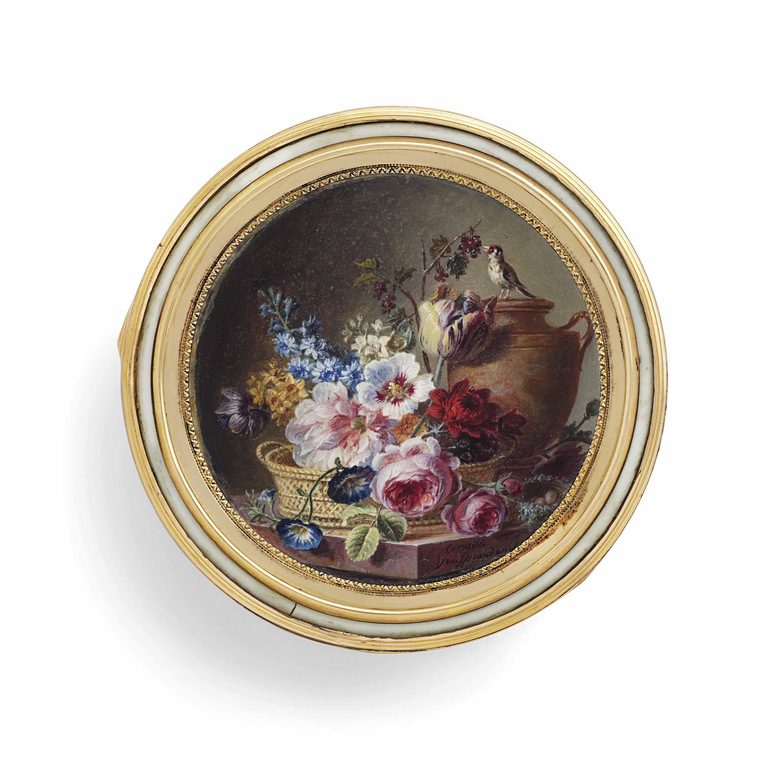 Cornelis Van Spaendonck - A Floral Still-Life With Flowers In A Basket: Roses, Parrot Tulip, Delphinium, Tobacco Flowers, Poppies, A Bird\'S Nest With Eggs, A Classical Urn With A Bird Perched On The Rim Pecking Berries From A Branch, On A Stone Ledge