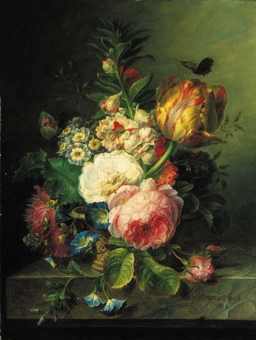 Cornelis Van Spaendonck - A parrot tulip, roses and other flowers in a basket, on a marble ledge