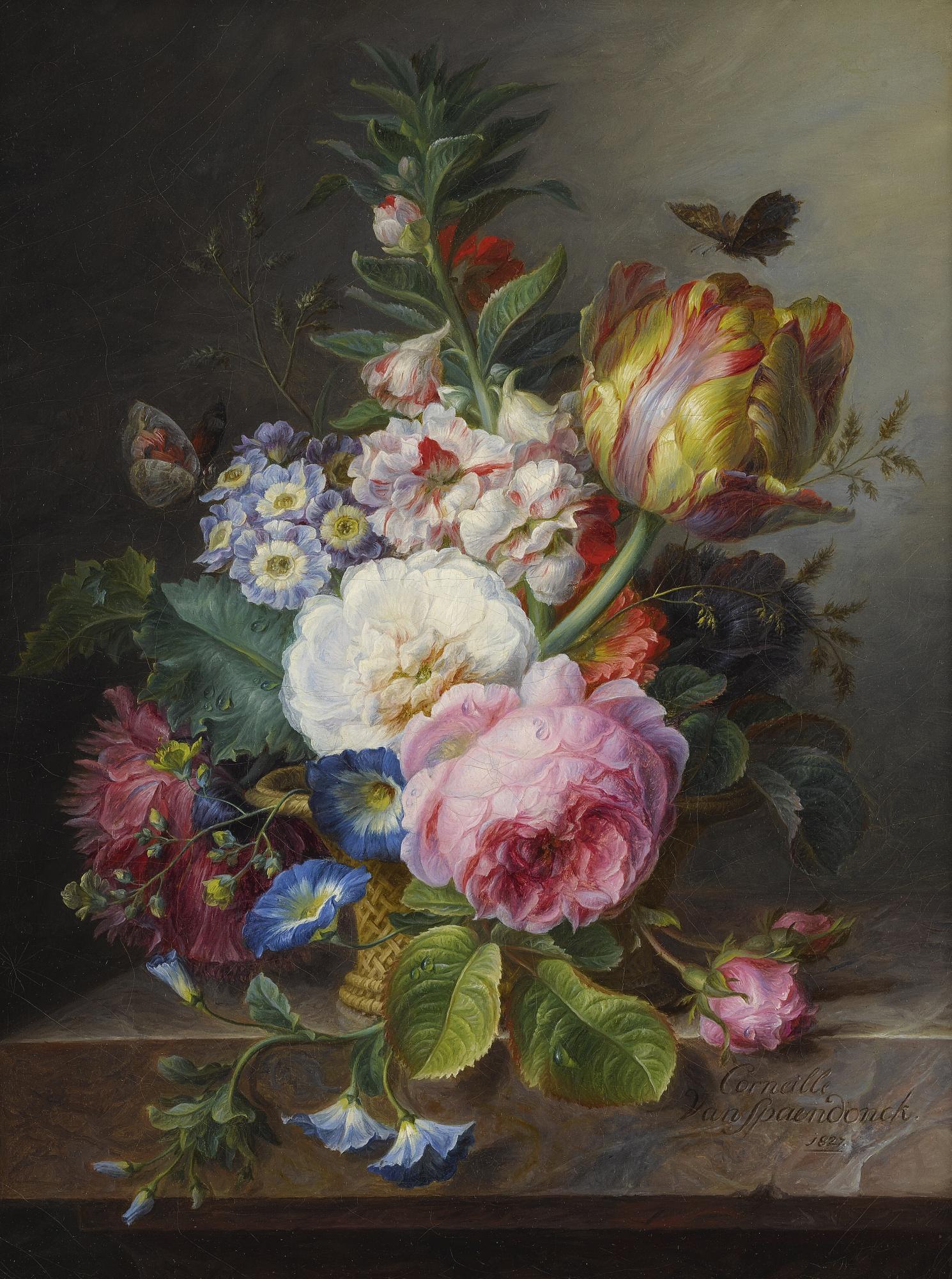 Cornelis Van Spaendonck - A Still Life Of A Parrot Tulip, Roses And Other Flowers In A Basket, On A Marble Ledge