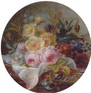 Cornelis van Spaendonck - Cabbage rose, white rose, auriculas, hollyhock, opium poppy, hyacinths, marigold and small morning glory on a silk cloth on a marble ledge
