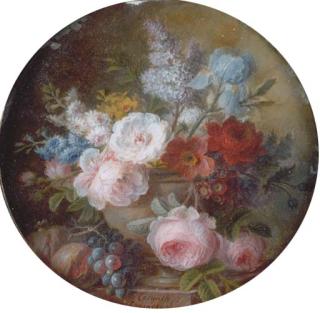 Cornelis van Spaendonck - Cabbage rose, white rose, Austrian copper briar, peony, hyacinths, golden narcissus, lilac, pale iris, poppy anemone, auricula and opium poppy in a marble urn on a marble ledge with pomegranates and black grapes