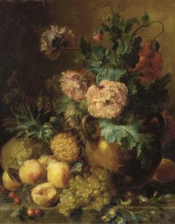Cornelis Van Spaendonck - Peaches, grapes, a melon, and a pineapple with peonies in an urn on a ledge