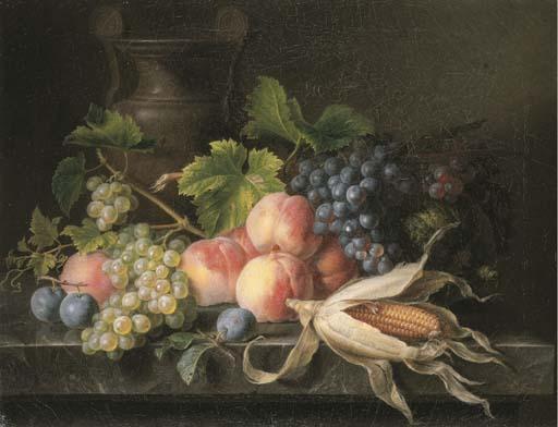 Cornelis van Spaendonck - Peaches, grapes on the vine, plums, a melon and corn on the cob on a marble ledge with an urn