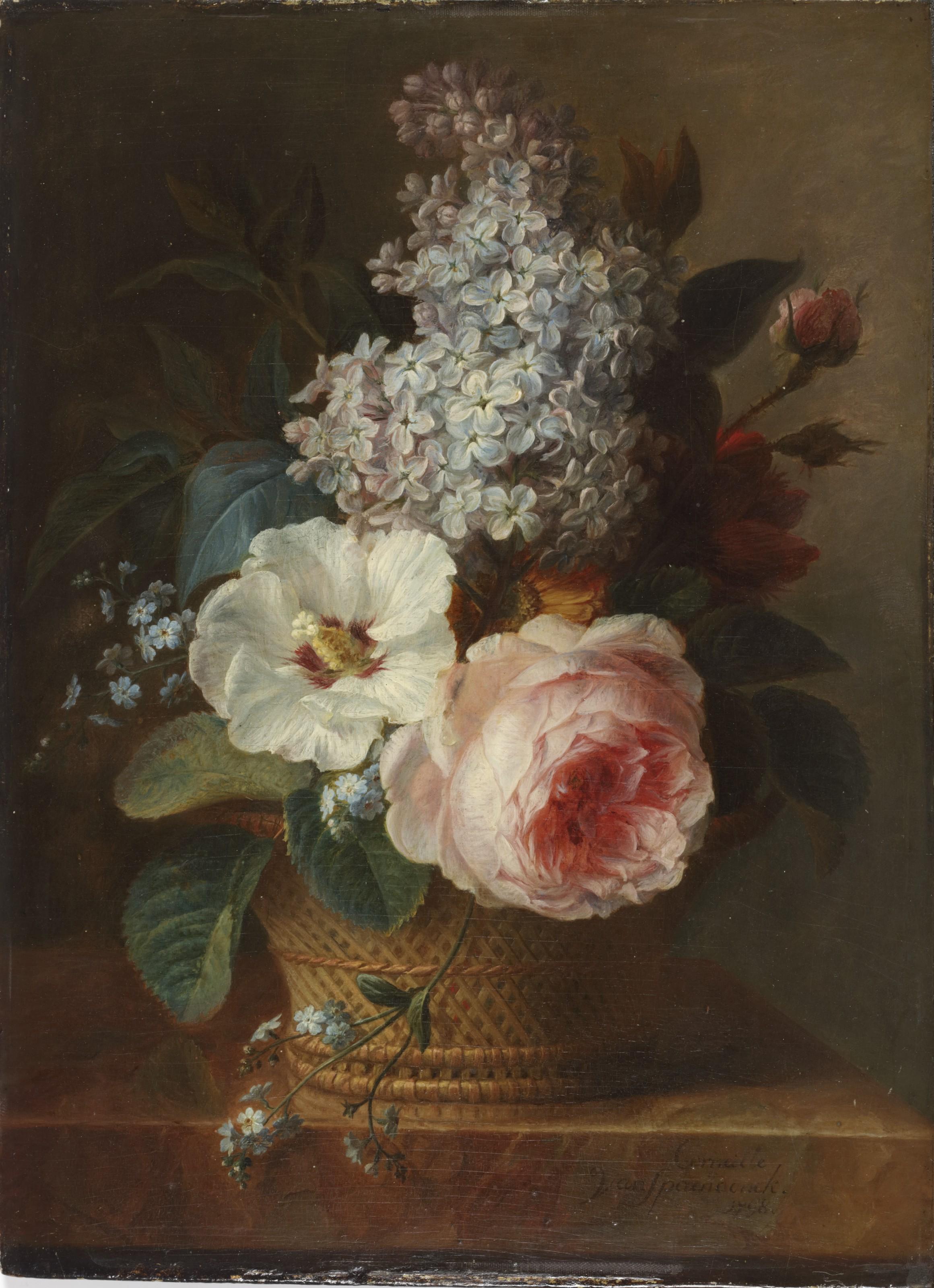 Cornelis Van Spaendonck - Pink roses, a Rose Mallow, Lilac, Marigold and Forget-me-nots in a wicker basket on a marble ledge